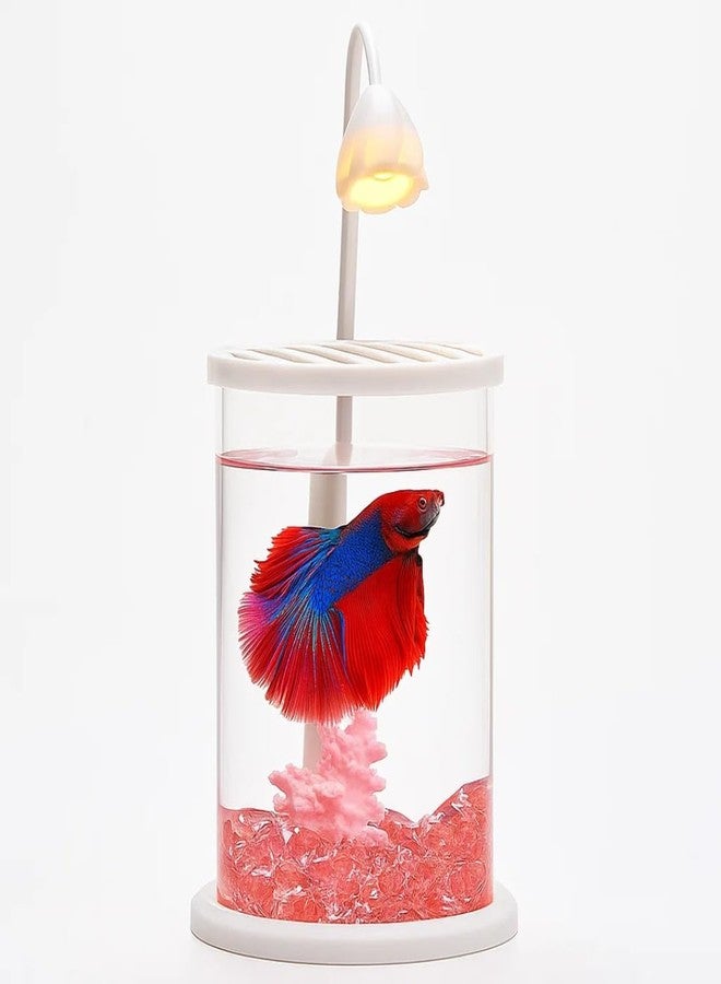 VAYINATO Mini Acrylic Desktop Fish Bowl PS-10 (White) | 1.2L Capacity | 10cm Diameter × 20cm Height | Aquarium Bowl with Multi-Color Hanging LED Light | Ideal for Betta | Office & Home Decor - Image 1